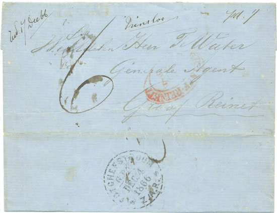 A triple combination pre-stamp cover of 1866 from the South African Republic to the Cape of Good Hope via the Orange Free State